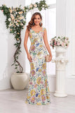 Golden Mermaid Floral V-neck Long Formal Dress