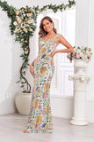 Golden Mermaid Floral V-neck Long Formal Dress