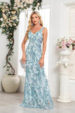 Blue Floral Sheath V-Neck Long Formal Dress