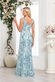 Blue Floral Sheath V-Neck Long Formal Dress