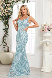 Blue Floral Sheath V-Neck Long Formal Dress