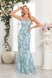 Blue Floral Sheath V-Neck Long Formal Dress