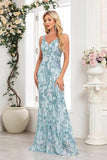 Blue Floral Sheath V-Neck Long Formal Dress