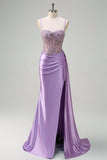 Sparkly Purple Mermaid Watteau Train Sheer Ruched Corset Long Formal Dress with Slit