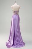 Sparkly Purple Mermaid Watteau Train Sheer Ruched Corset Long Formal Dress with Slit