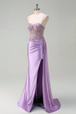 Sparkly Purple Mermaid Watteau Train Sheer Ruched Corset Long Formal Dress with Slit