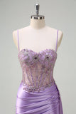 Sparkly Purple Mermaid Watteau Train Sheer Ruched Corset Long Formal Dress with Slit