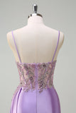 Sparkly Purple Mermaid Watteau Train Sheer Ruched Corset Long Formal Dress with Slit