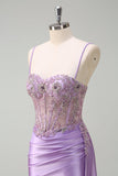 Sparkly Purple Mermaid Watteau Train Sheer Ruched Corset Long Formal Dress with Slit