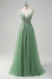 Green A-Line Spaghetti Straps Tulle Long Formal Dress with Appliques