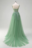 Green A-Line Spaghetti Straps Tulle Long Formal Dress with Appliques