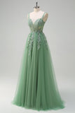 Green A-Line Spaghetti Straps Tulle Long Formal Dress with Appliques