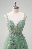 Green A-Line Spaghetti Straps Tulle Long Formal Dress with Appliques