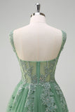 Green A-Line Spaghetti Straps Tulle Long Formal Dress with Appliques