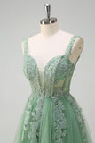 Green A-Line Spaghetti Straps Tulle Long Formal Dress with Appliques