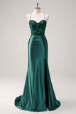 Sparkly Dark Green Mermaid Halter Corset Long Formal Dress With Slit