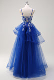 Royal Blue A-Line Tiered Long Appliqued Formal Dress with Sequins