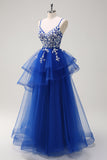 Royal Blue A-Line Tiered Long Appliqued Formal Dress with Sequins