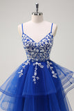 Royal Blue A-Line Tiered Long Appliqued Formal Dress with Sequins