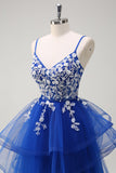 Royal Blue A-Line Tiered Long Appliqued Formal Dress with Sequins