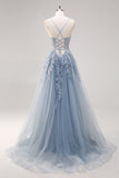 Lavender A Line Spaghetti Straps Tulle Beaded Long Formal Dress with Slit