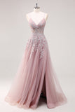 Lavender A Line Spaghetti Straps Tulle Beaded Long Formal Dress with Slit