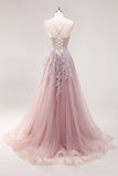 Lavender A Line Spaghetti Straps Tulle Beaded Long Formal Dress with Slit