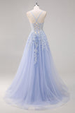 Lavender A Line Spaghetti Straps Tulle Beaded Long Formal Dress with Slit