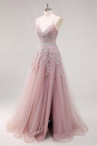 Lavender A Line Spaghetti Straps Tulle Beaded Long Formal Dress with Slit