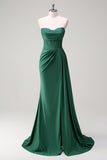 Glitter Dark Green Strapless Mermaid Long Formal Dress with Slit