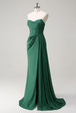 Glitter Dark Green Strapless Mermaid Long Formal Dress with Slit