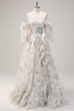 White Floral A Line Off The Shoulder Print Floral Long Formal Dress with Ruffle Slit