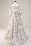 White Floral A Line Off The Shoulder Print Floral Long Formal Dress with Ruffle Slit