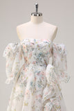 White Floral A Line Off The Shoulder Print Floral Long Formal Dress with Ruffle Slit