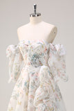 White Floral A Line Off The Shoulder Print Floral Long Formal Dress with Ruffle Slit