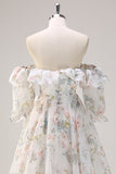 White Floral A Line Off The Shoulder Print Floral Long Formal Dress with Ruffle Slit