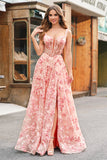 Pink Off The Shoulder A-Line Corset 3D Butterflies Floral Formal Dress with Slit