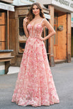 Pink Off The Shoulder A-Line Corset 3D Butterflies Floral Formal Dress with Slit