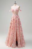 Pink Floral Off The Shouder A-Line Corset Formal Dress with Slit