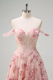 Pink Floral Off The Shouder A-Line Corset Formal Dress with Slit