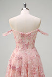 Pink Floral Off The Shouder A-Line Corset Formal Dress with Slit