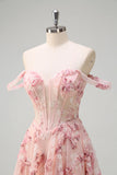 Pink Floral Off The Shouder A-Line Corset Formal Dress with Slit