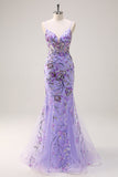 Sparkly Purple Mermaid Spaghetti Straps Corset Long Sequin Formal Dress