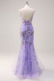 Sparkly Purple Mermaid Spaghetti Straps Corset Long Sequin Formal Dress