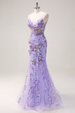 Sparkly Purple Mermaid Spaghetti Straps Corset Long Sequin Formal Dress