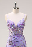 Sparkly Purple Mermaid Spaghetti Straps Corset Long Sequin Formal Dress