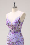 Sparkly Purple Mermaid Spaghetti Straps Corset Long Sequin Formal Dress