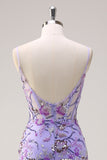 Sparkly Purple Mermaid Spaghetti Straps Corset Long Sequin Formal Dress