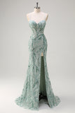 Sparkly Sage Spaghetti Straps Mermaid Long Sequin Formal Dress with Slit