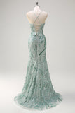 Sparkly Sage Spaghetti Straps Mermaid Long Sequin Formal Dress with Slit